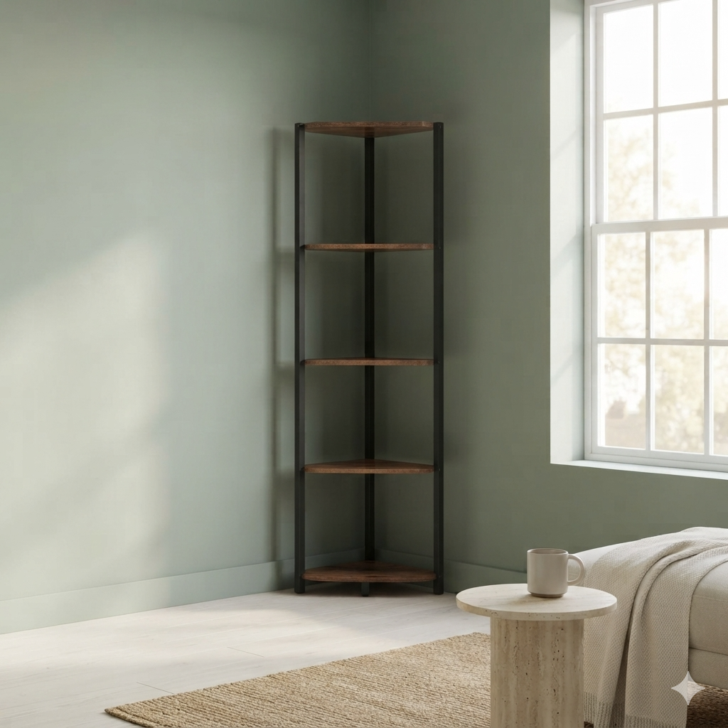 5-Tier Corner Shelf Stand with LED Lights - Industrial Corner Bookshelf, Tall Display Storage Rack with Steel Frame, Rustic Brown