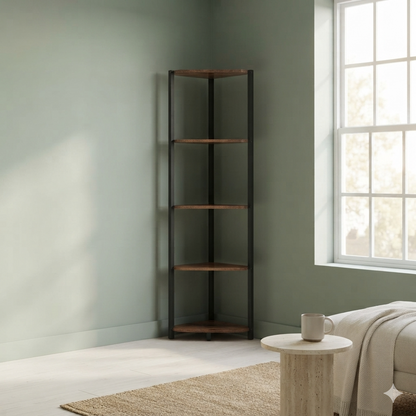 5-Tier Corner Shelf Stand with LED Lights - Industrial Corner Bookshelf, Tall Display Storage Rack with Steel Frame, Rustic Brown