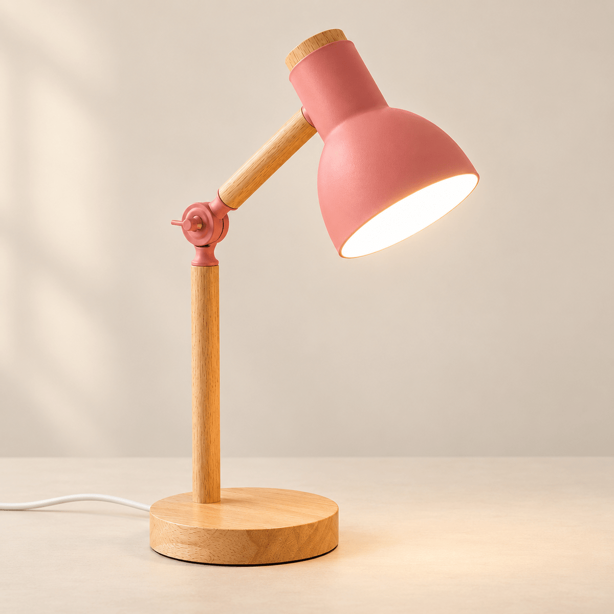 Oslo - Nordic Wood Adjustable Desk Lamp — Pink / No Bulb / Us Plug in a clean warm-neutral product setting