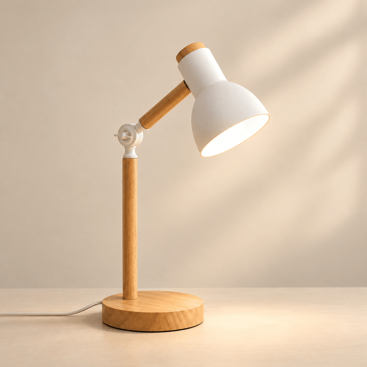 Oslo - Nordic Wood Adjustable Desk Lamp — White / No Bulb / Us Plug in a clean warm-neutral product setting