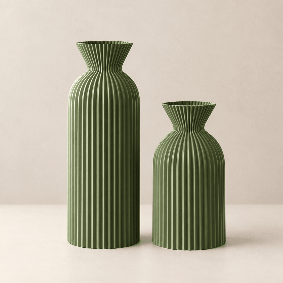Ripple -  Set of 2 Wavy Cylinder  Vases — Matcha Green in a clean warm-neutral product setting
