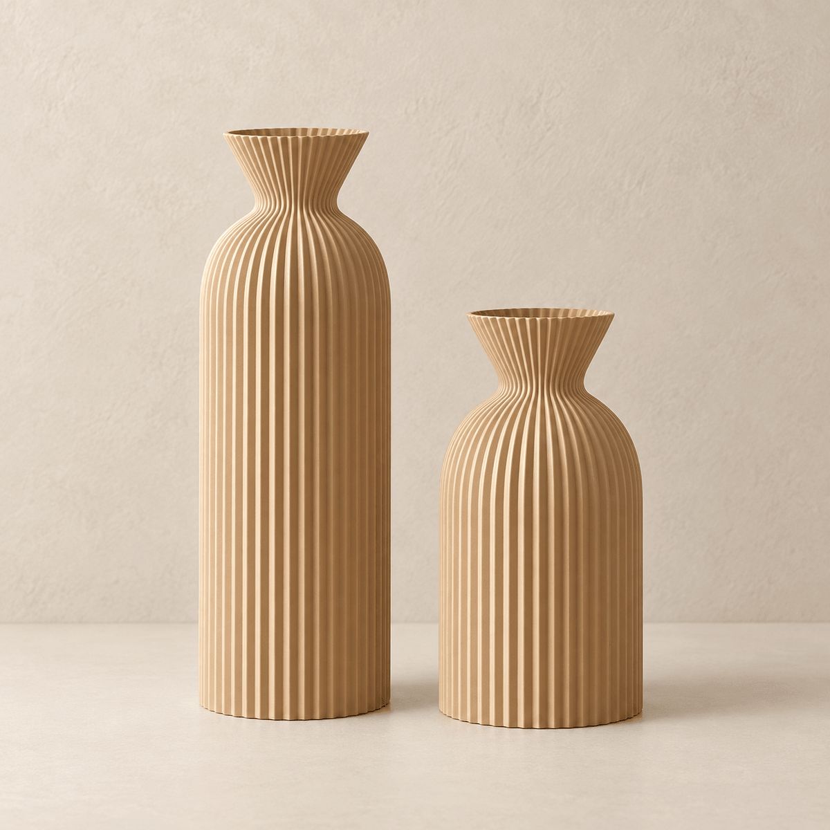 Ripple -  Set of 2 Wavy Cylinder  Vases — Tan in a clean warm-neutral product setting