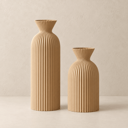 Ripple -  Set of 2 Wavy Cylinder  Vases — Tan in a clean warm-neutral product setting