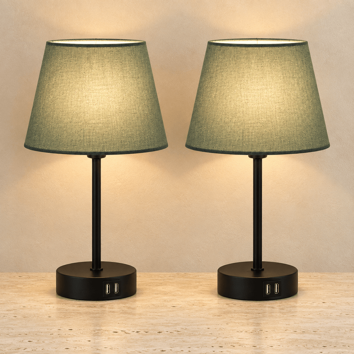 Haven - Minimalist Bedside Lamp — Green - Dual USB Charging Ports / Lamp Pair in a clean warm-neutral product setting