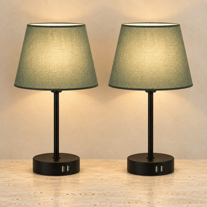 Haven - Minimalist Bedside Lamp — Green - Dual USB Charging Ports / Lamp Pair in a clean warm-neutral product setting