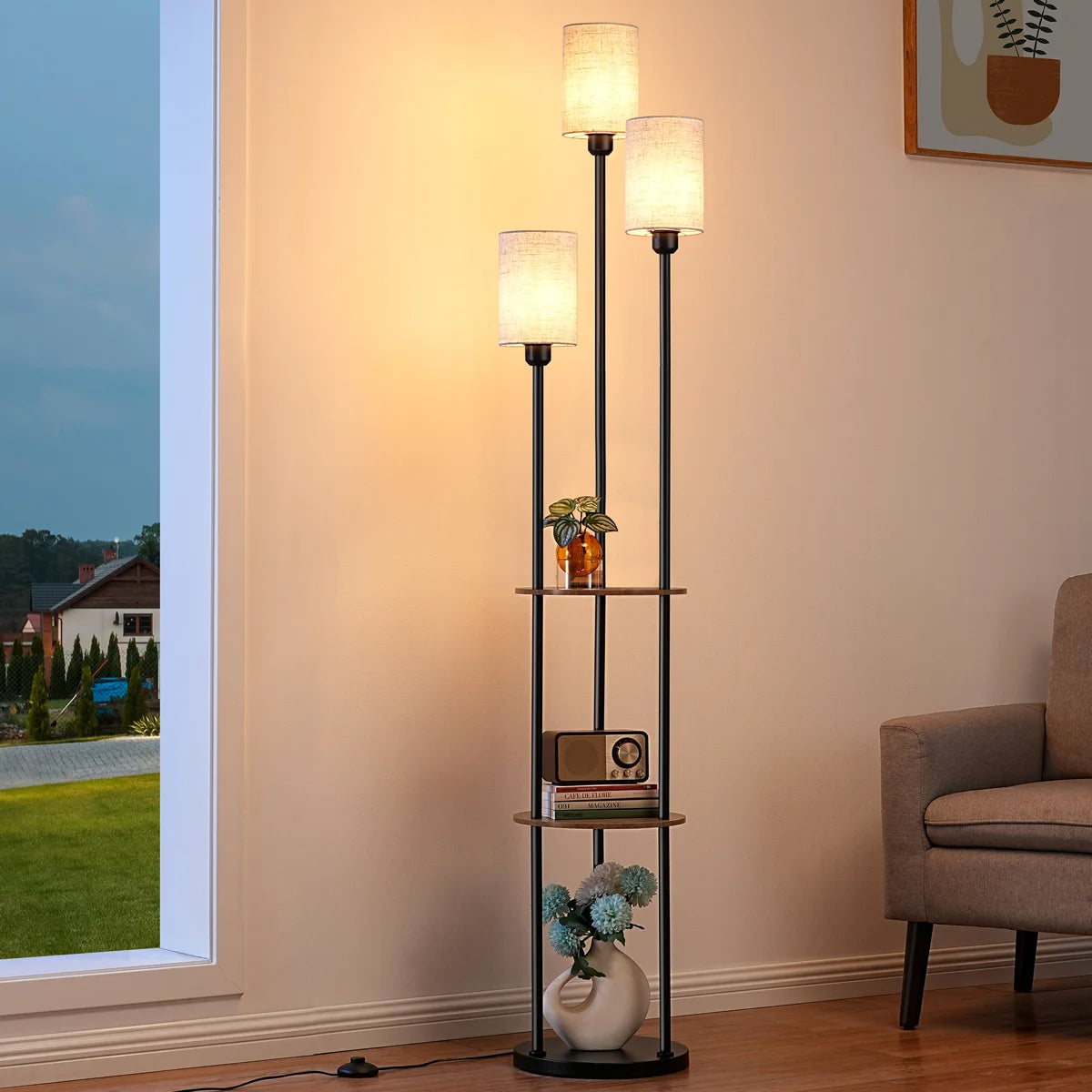 Modern Floor Lamp with Shelves, 3 Linen Shades & Foot Switch, Rustic Brown Beige for Living Room