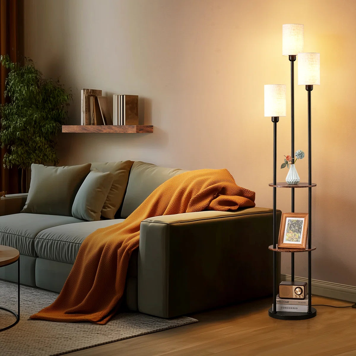 Modern Floor Lamp with Shelves, 3 Linen Shades & Foot Switch, Rustic Brown Beige for Living Room