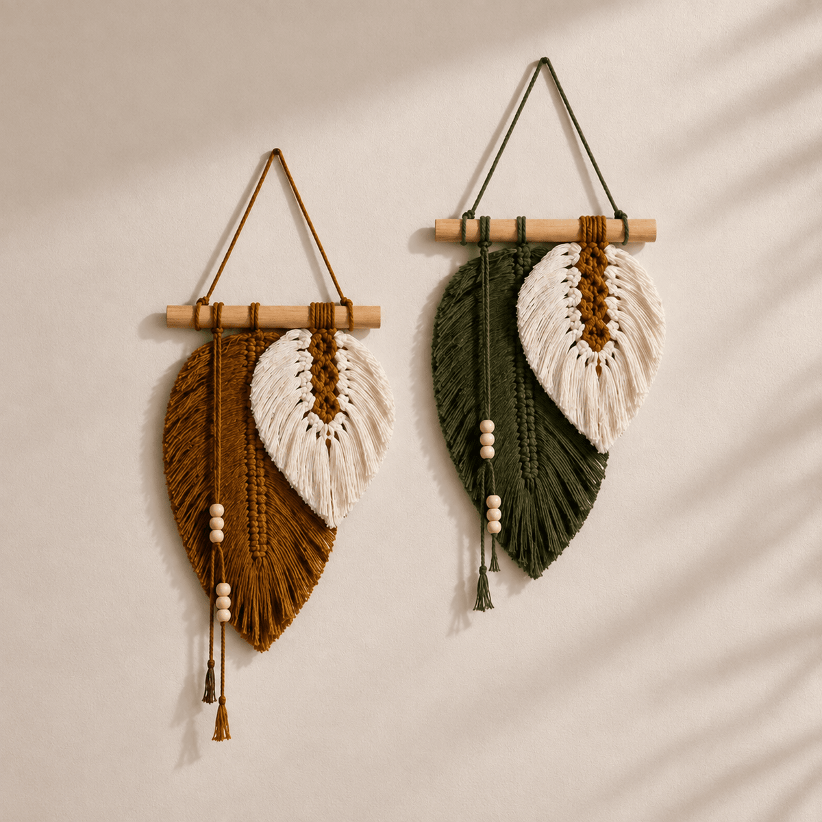 Willow Leaf - Macramé Leaf Wall Hanging — Set Green/Brown in a clean warm-neutral product setting