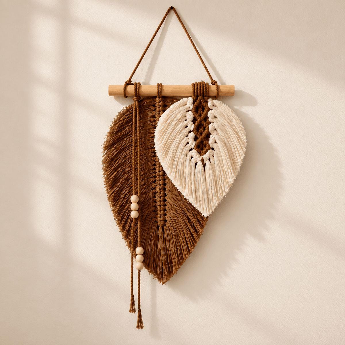 Willow Leaf - Macramé Leaf Wall Hanging — Brown in a clean warm-neutral product setting