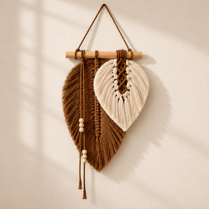 Willow Leaf - Macramé Leaf Wall Hanging — Brown in a clean warm-neutral product setting