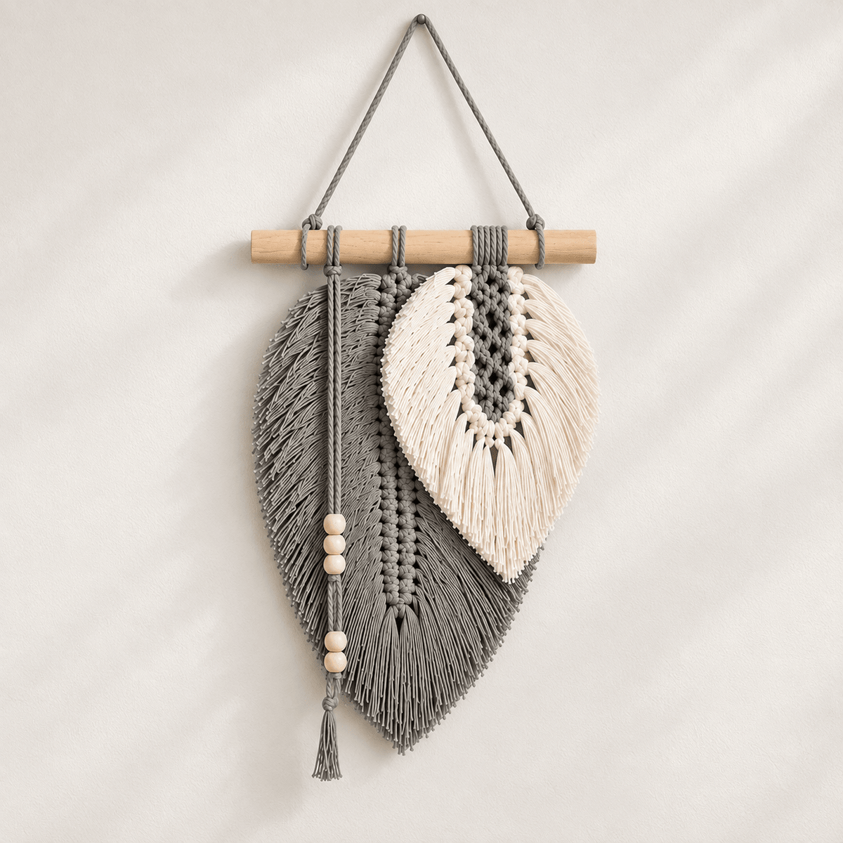 Willow Leaf - Macramé Leaf Wall Hanging — Grey in a clean warm-neutral product setting