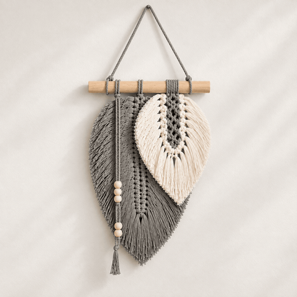 Willow Leaf - Macramé Leaf Wall Hanging — Grey in a clean warm-neutral product setting