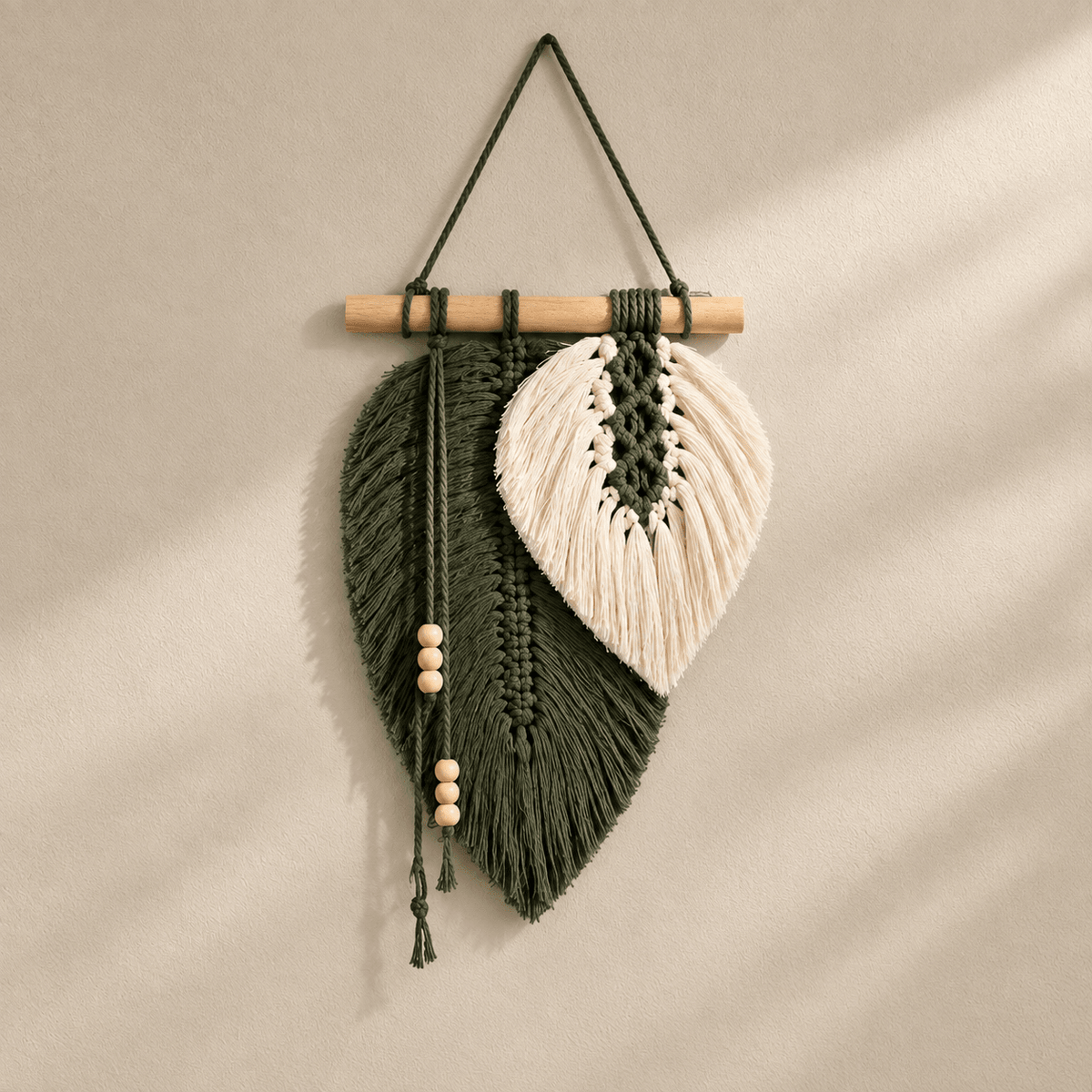 Willow Leaf - Macramé Leaf Wall Hanging — Green in a clean warm-neutral product setting