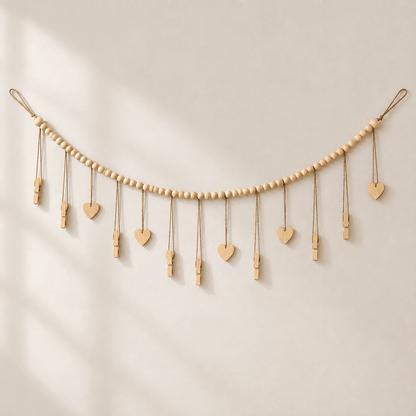 Luma - Boho Hanging Photo Display with Wood Bead — Solid Hearts in a clean warm-neutral product setting