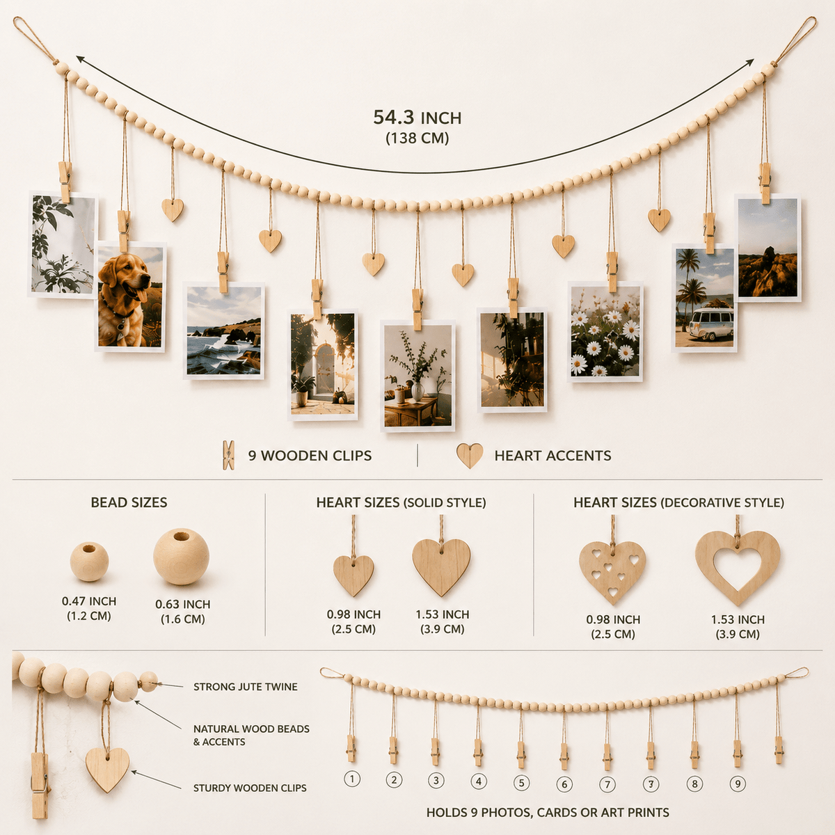 Luma - Boho Hanging Photo Display with Wood Bead - Urban Alcove