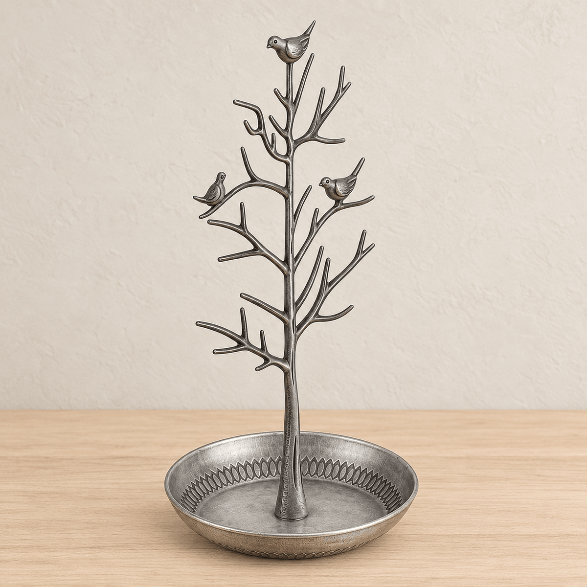 Rowan - Bird & Tree Jewelry Stand — Silver in a clean warm-neutral product setting