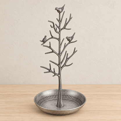 Rowan - Bird & Tree Jewelry Stand — Silver in a clean warm-neutral product setting