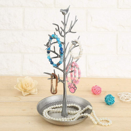 Bird & Tree Jewelry Organizer Stand - Decorative Metal Alloy Earring, Necklace, & Bracelet Holder Display Tree with Multifunctional Storage Tray 