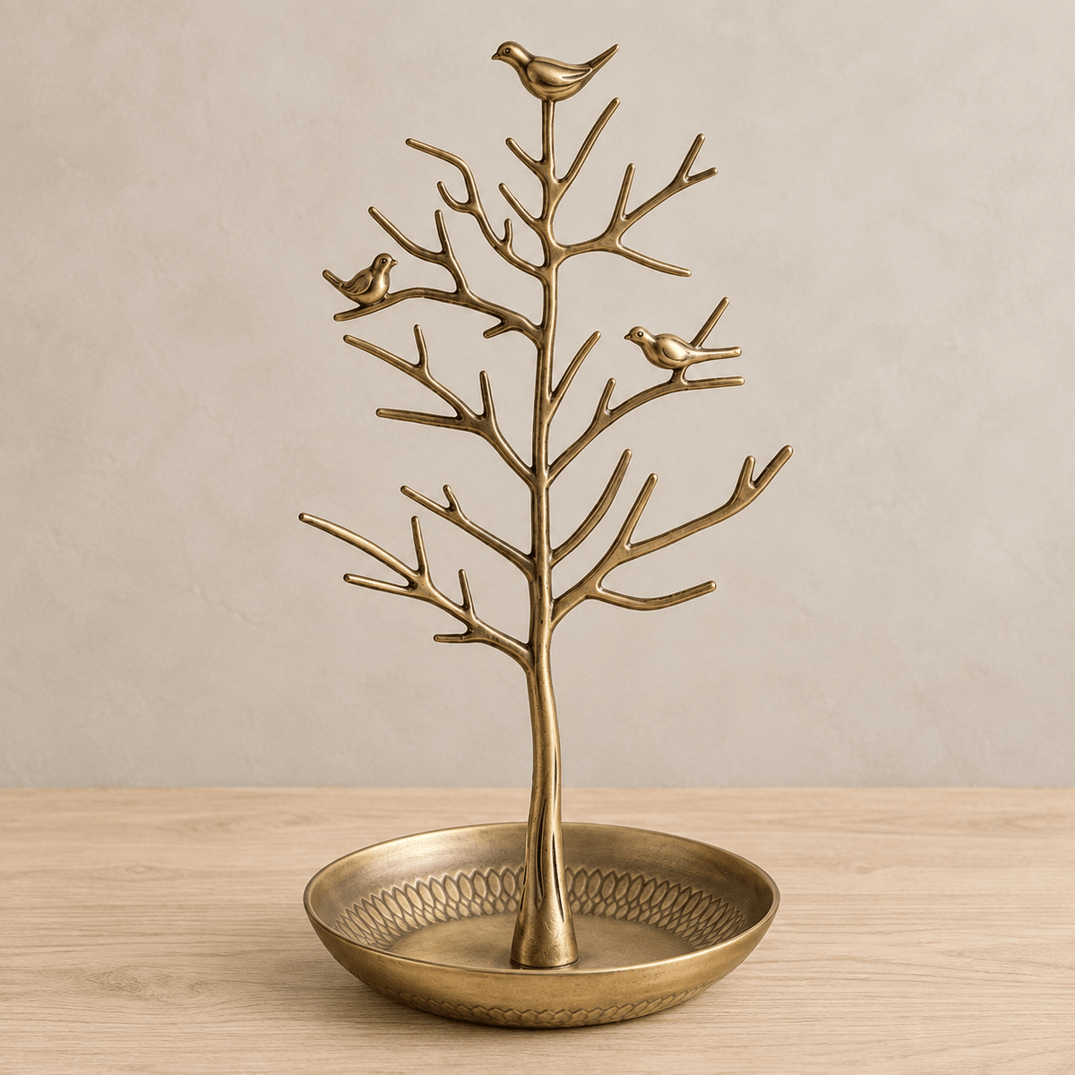 Rowan - Bird & Tree Jewelry Stand — Brass in a clean warm-neutral product setting