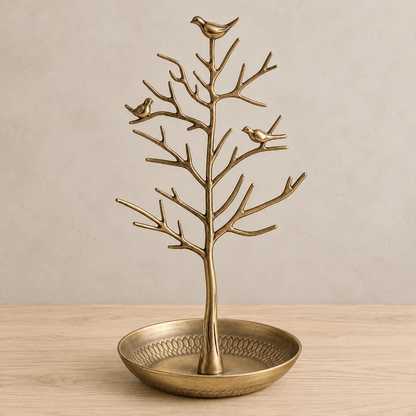 Rowan - Bird & Tree Jewelry Stand — Brass in a clean warm-neutral product setting