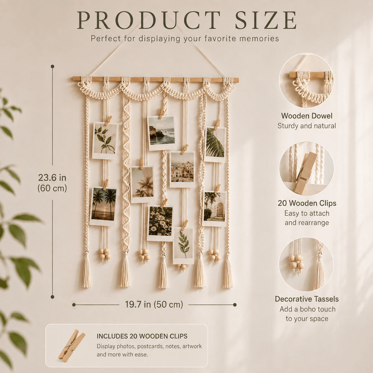 Freya - Macrame Woven Photo Display with 20 Clips - Urban Alcove