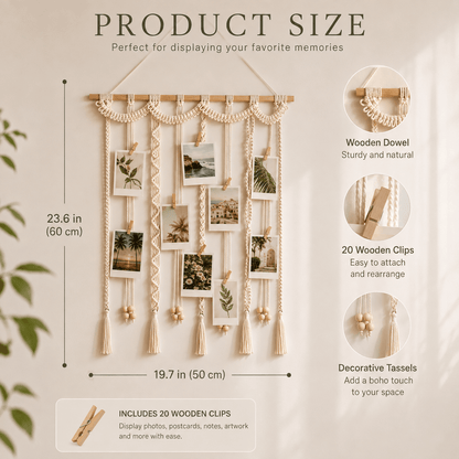 Freya - Macrame Woven Photo Display with 20 Clips - Urban Alcove