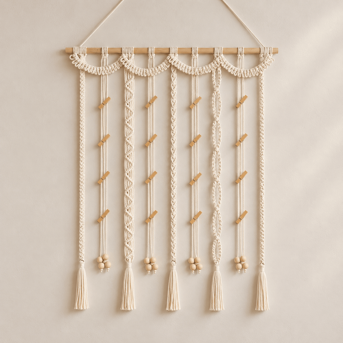 Freya - Macrame Woven Photo Display with 20 Clips — Creamy White in a clean warm-neutral product setting