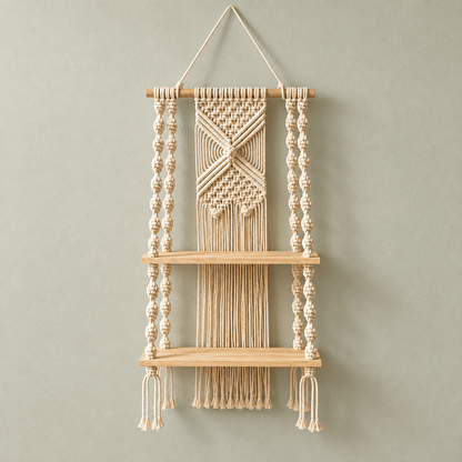Elara a 2-Tier Boho Macramé Wall Shelf — White/Wood / 2 Shelves in a clean warm-neutral product setting