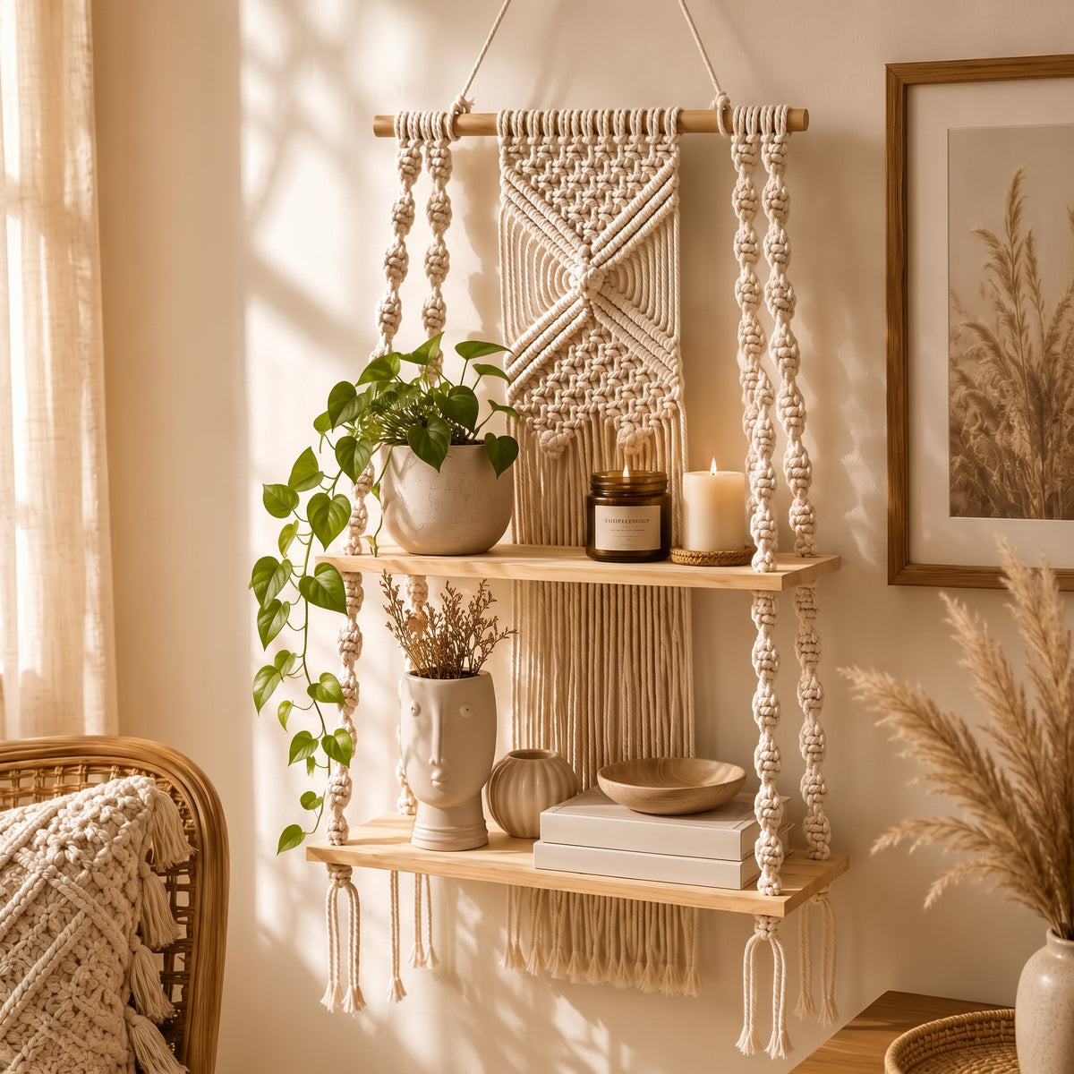 Elara a 2-Tier Boho Macramé Wall Shelf - Urban Alcove