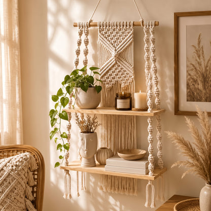 Elara a 2-Tier Boho Macramé Wall Shelf - Urban Alcove