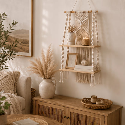 Elara a 2-Tier Boho Macramé Wall Shelf - Urban Alcove