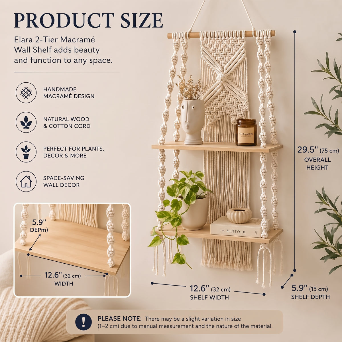 Elara a 2-Tier Boho Macramé Wall Shelf - Urban Alcove