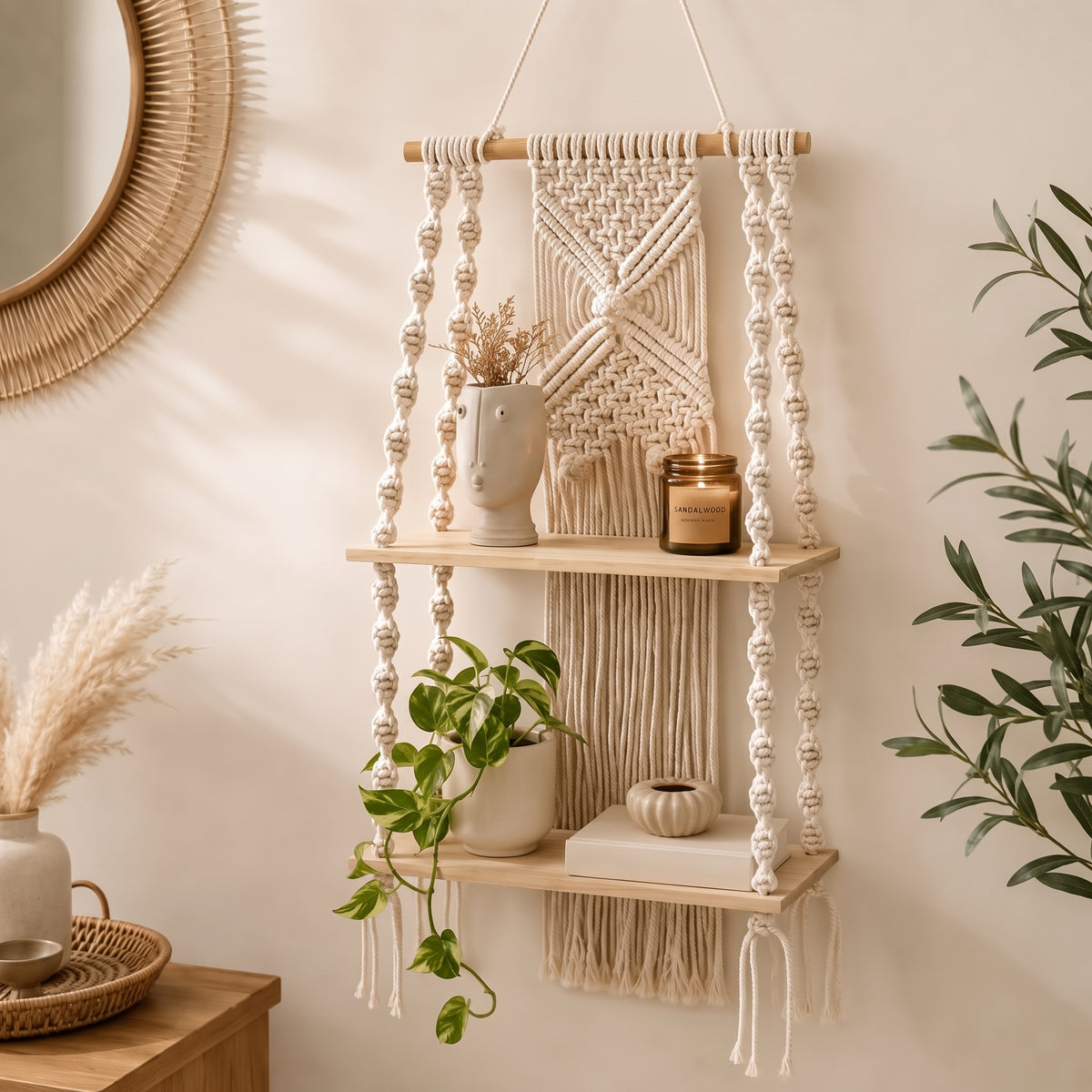 Elara a 2-Tier Boho Macramé Wall Shelf - Urban Alcove