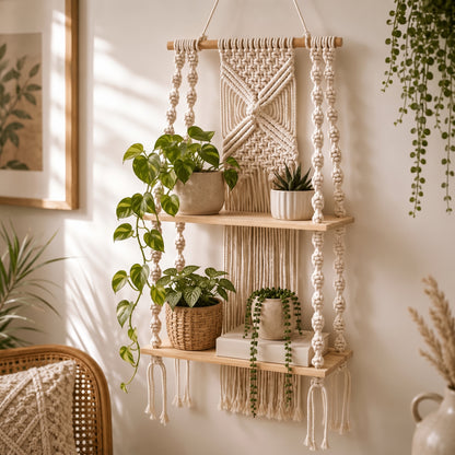 Elara a 2-Tier Boho Macramé Wall Shelf - Urban Alcove