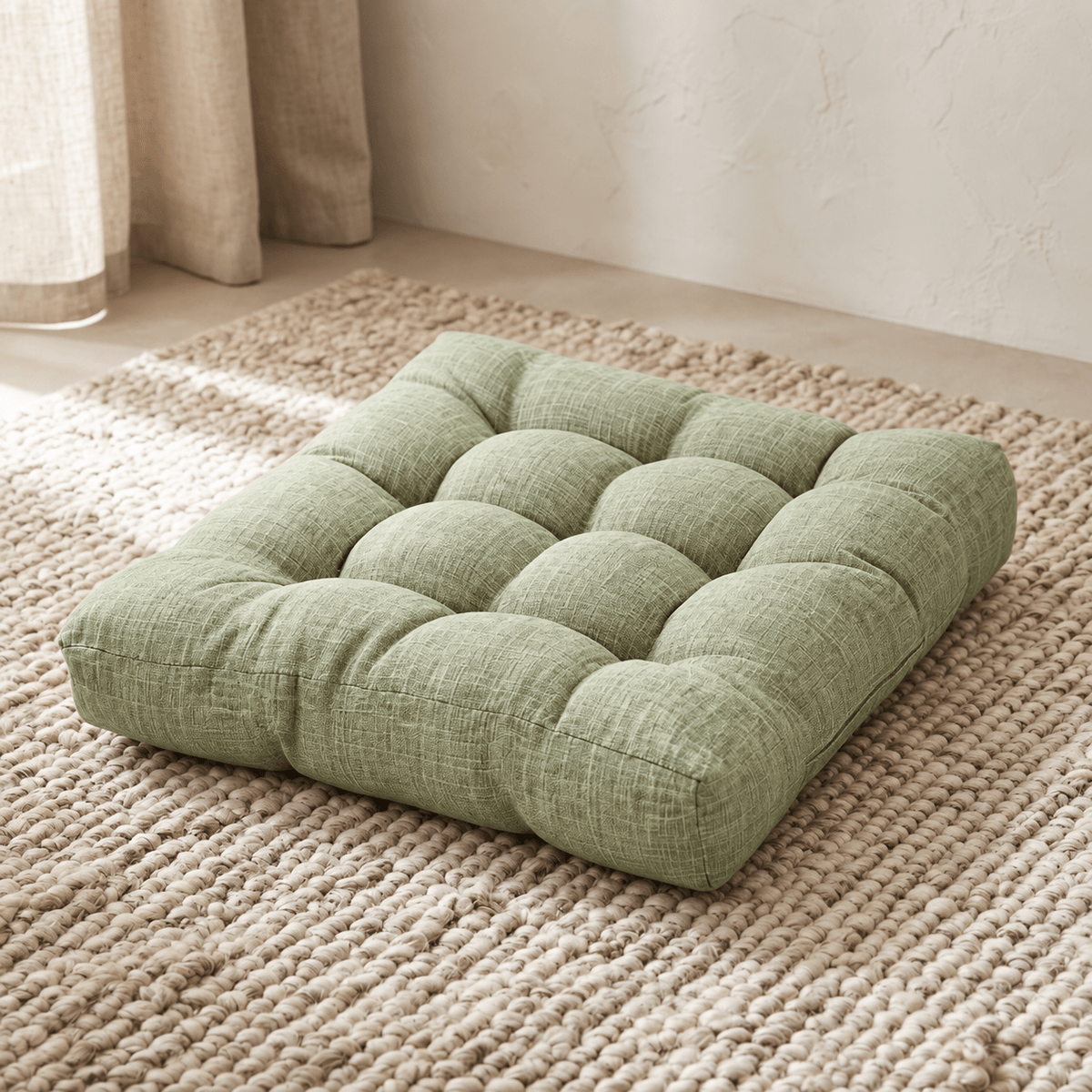 Noma - Tufted Square Floor Cushion — Green / 53X53Cm in a clean warm-neutral product setting