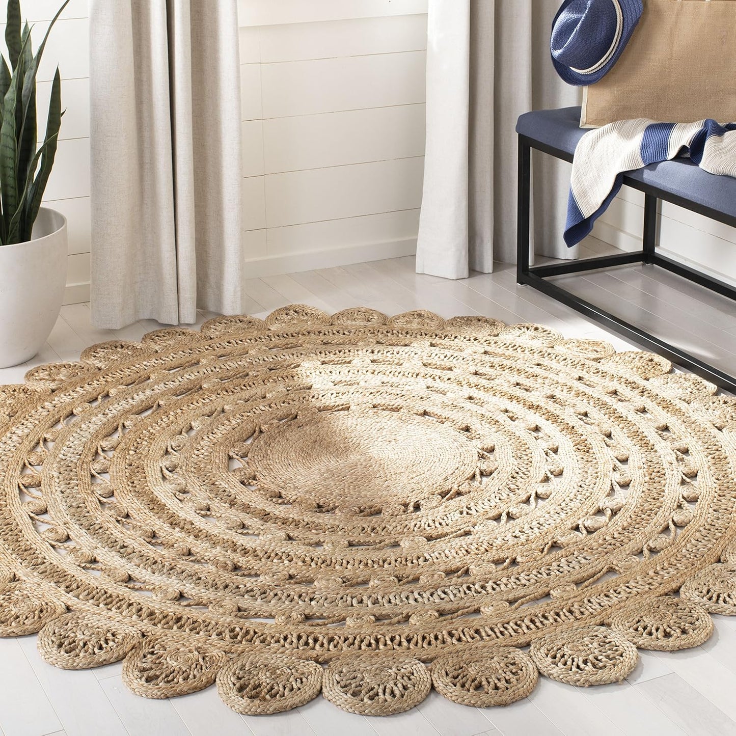 Handmade Boho Jute Area Rug - 4' Round, Natural, Durable for High Traffic Living Room, Bedroom