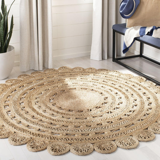 Handmade Boho Jute Area Rug - 4' Round, Natural, Durable for High Traffic Living Room, Bedroom