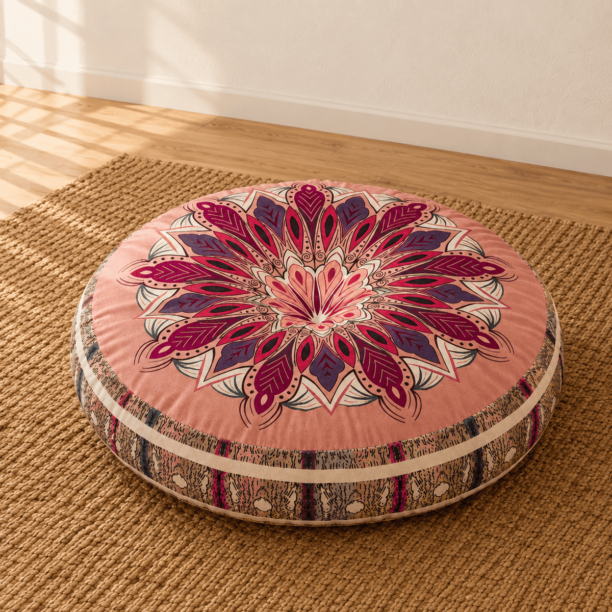 Mira - Colorful Boho Round Floor Cushion — Style 2 / 45X45X8Cm in a clean warm-neutral product setting