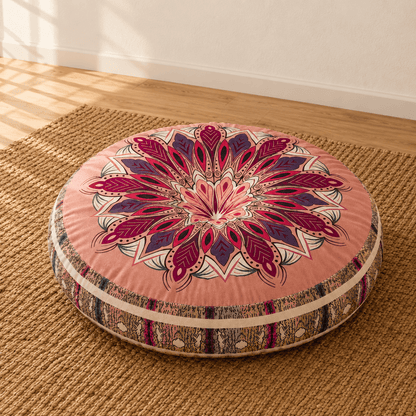 Mira - Colorful Boho Round Floor Cushion — Style 2 / 45X45X8Cm in a clean warm-neutral product setting