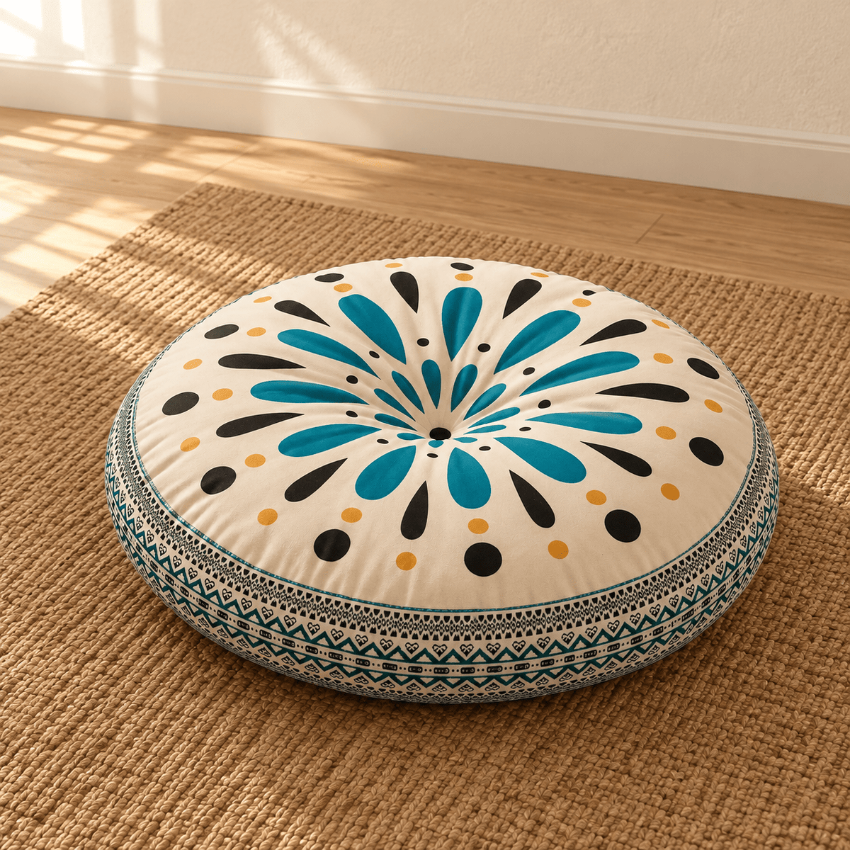 Mira - Colorful Boho Round Floor Cushion — Style 7 / 45X45X8Cm in a clean warm-neutral product setting
