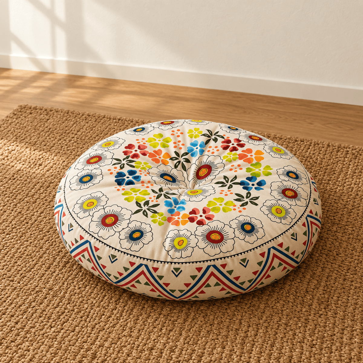 Mira - Colorful Boho Round Floor Cushion — Style 5 / 45X45X8Cm in a clean warm-neutral product setting