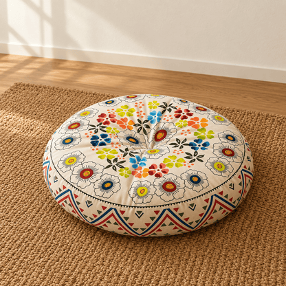 Mira - Colorful Boho Round Floor Cushion — Style 5 / 45X45X8Cm in a clean warm-neutral product setting
