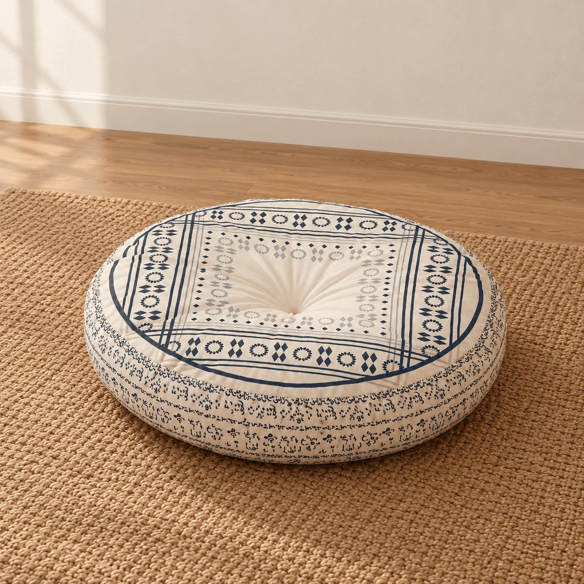 Mira - Colorful Boho Round Floor Cushion — Style 11 / 45X45X8Cm in a clean warm-neutral product setting
