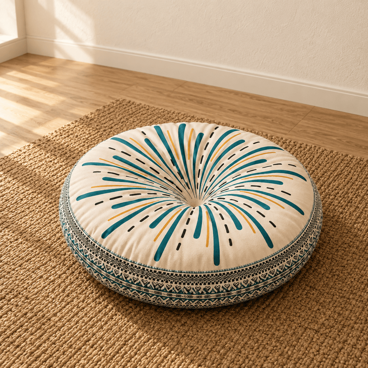 Mira - Colorful Boho Round Floor Cushion — Style 4 / 45X45X8Cm in a clean warm-neutral product setting