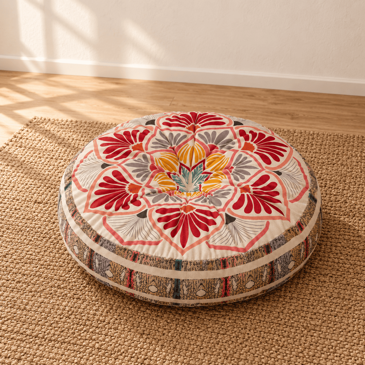 Mira - Colorful Boho Round Floor Cushion — Style 3 / 45X45X8Cm in a clean warm-neutral product setting
