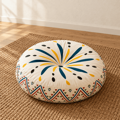 Mira - Colorful Boho Round Floor Cushion — Style 6 / 45X45X8Cm in a clean warm-neutral product setting