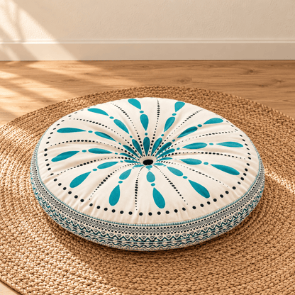 Mira - Colorful Boho Round Floor Cushion — Style 12 / 45X45X8Cm in a clean warm-neutral product setting