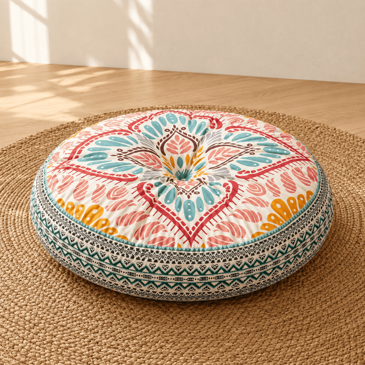 Mira - Colorful Boho Round Floor Cushion — Style 10 / 45X45X8Cm in a clean warm-neutral product setting