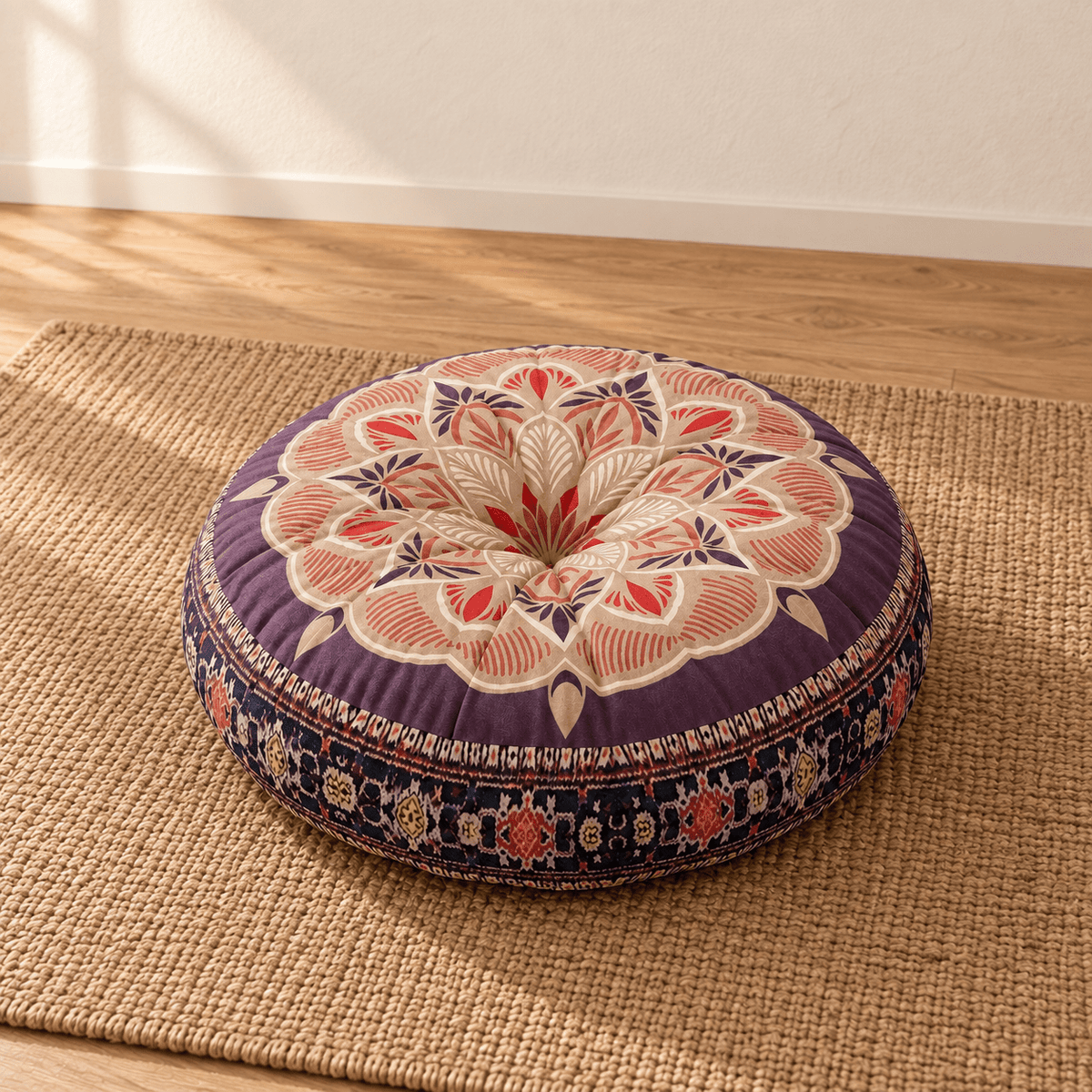 Mira - Colorful Boho Round Floor Cushion — Style 8 / 45X45X8Cm in a clean warm-neutral product setting