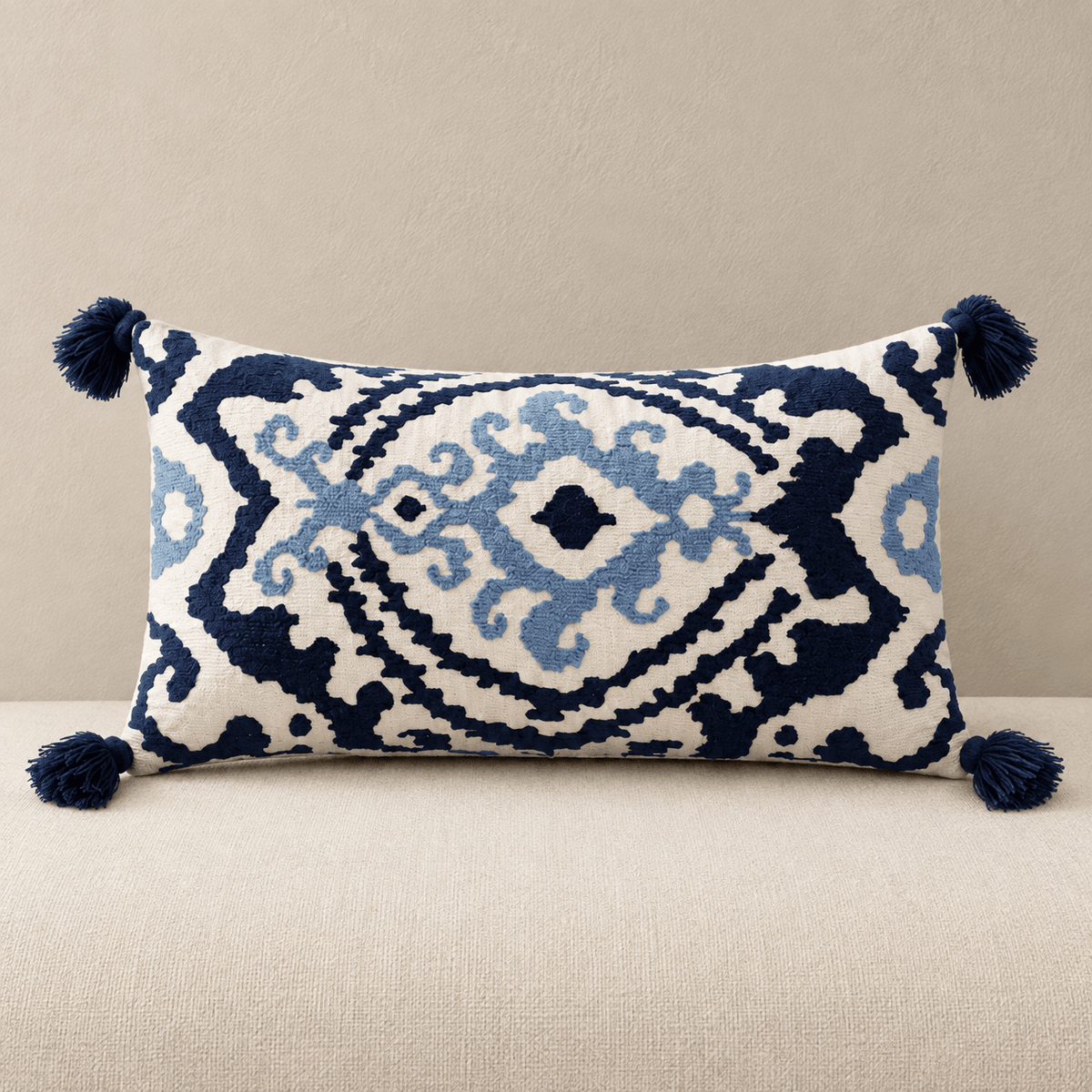 Zuri - Moroccan Embroidered Tassel Pillow Cover — Charles 30X60Cm in a clean warm-neutral product setting